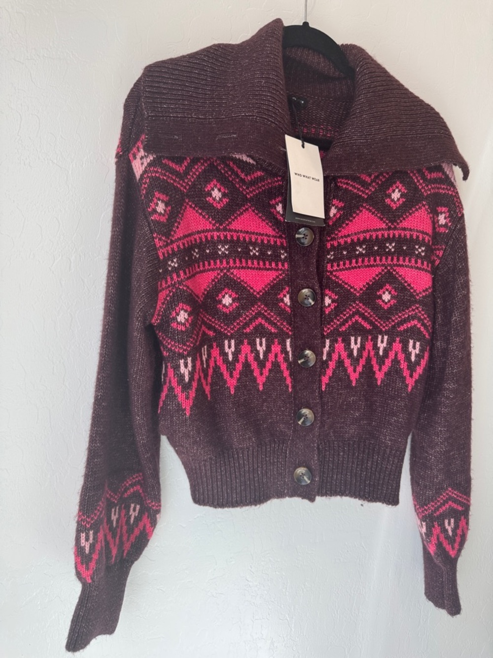 Who What Wear Chocolate Brown Cardigan with Pink Geometric Pattern